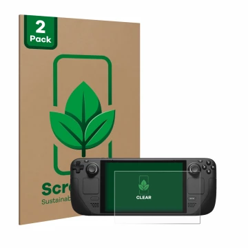 Face avant d’un emballage produit avec le logo de la marque ScreenLeaf. À côté, l’appareil Valve Steam Deck est représenté ave