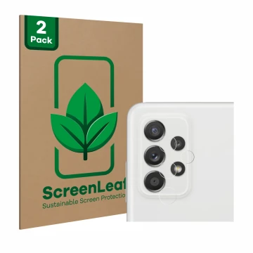 Face avant d’un emballage produit avec le logo de la marque ScreenLeaf. À côté, l’appareil Samsung Galaxy A52s 5G (Caméra UNIQ