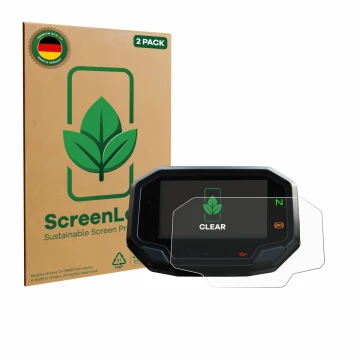 Face avant d’un emballage produit avec le logo de la marque ScreenLeaf. À côté, l’appareil Kawasaki Z900 2020-2021 est représe