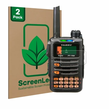 Face avant d’un emballage produit avec le logo de la marque ScreenLeaf. À côté, l’appareil Yaesu FT-70DR est représenté avec l