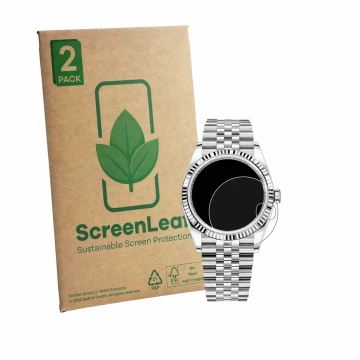 Face avant d’un emballage produit avec le logo de la marque ScreenLeaf. À côté, l’appareil Rolex Datejust 36 est représenté av