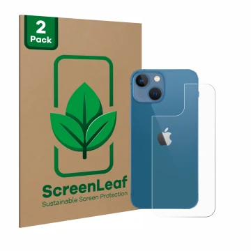 Face avant d’un emballage produit avec le logo de la marque ScreenLeaf. À côté, l’appareil Apple iPhone 13 mini (Arrière) est 
