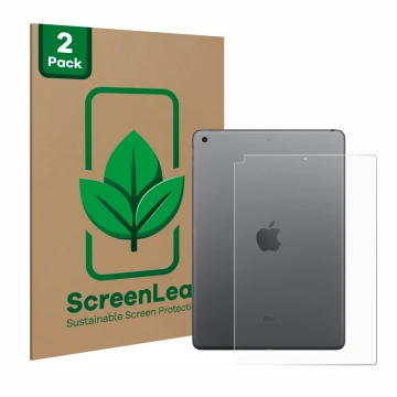Face avant d’un emballage produit avec le logo de la marque ScreenLeaf. À côté, l’appareil Apple iPad 10.2″ WiFi 2021 (9ème Ge