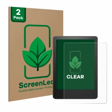 Face avant d’un emballage produit avec le logo de la marque ScreenLeaf. À côté, l’appareil Amazon Kindle Paperwhite 2021 (11èm