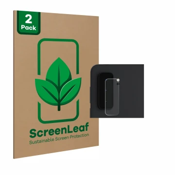 Face avant d’un emballage produit avec le logo de la marque ScreenLeaf. À côté, l’appareil Microsoft Surface Duo 2 (Caméra UNI