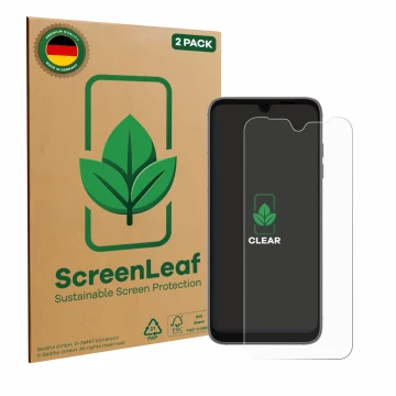 Face avant d’un emballage produit avec le logo de la marque ScreenLeaf. À côté, l’appareil Fairphone 4 est représenté avec la 
