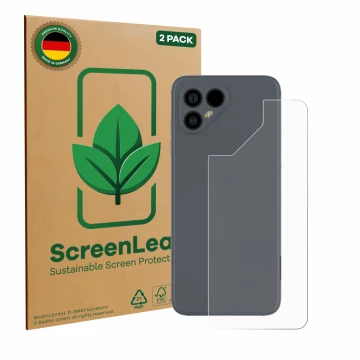 Face avant d’un emballage produit avec le logo de la marque ScreenLeaf. À côté, l’appareil Fairphone 4 (Arrière) est représent