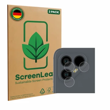 Face avant d’un emballage produit avec le logo de la marque ScreenLeaf. À côté, l’appareil Fairphone 4 (Caméra UNIQUEMENT) est