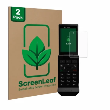 Face avant d’un emballage produit avec le logo de la marque ScreenLeaf. À côté, l’appareil Caterpillar Cat S22 Flip est représ