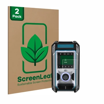 Face avant d’un emballage produit avec le logo de la marque ScreenLeaf. À côté, l’appareil Makita DMR115 est représenté avec l
