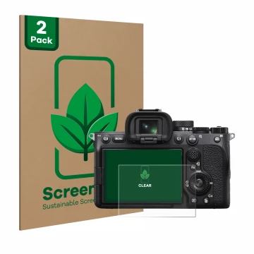 Face avant d’un emballage produit avec le logo de la marque ScreenLeaf. À côté, l’appareil Sony Alpha 7 IV est représenté avec