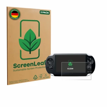 Face avant d’un emballage produit avec le logo de la marque ScreenLeaf. À côté, l’appareil Sony Playstation PS Vita est représ