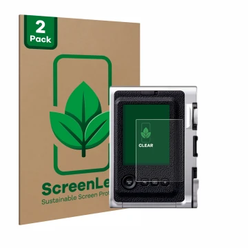 Face avant d’un emballage produit avec le logo de la marque ScreenLeaf. À côté, l’appareil Fujifilm Instax Mini Evo est représ