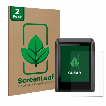 Face avant d’un emballage produit avec le logo de la marque ScreenLeaf. À côté, l’appareil Bosch Kiox 300 est représenté avec 