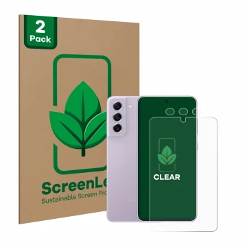 Face avant d’un emballage produit avec le logo de la marque ScreenLeaf. À côté, l’appareil Samsung Galaxy S21 FE 5G (Avant+Cam