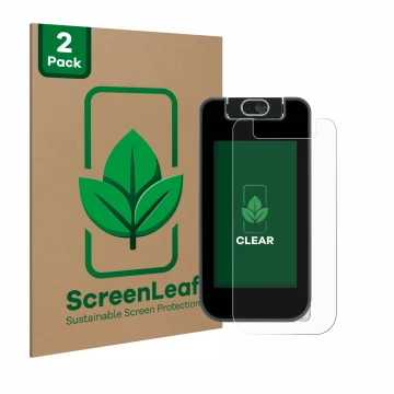Face avant d’un emballage produit avec le logo de la marque ScreenLeaf. À côté, l’appareil Vtech Kidicom Advance 3.0 est repré