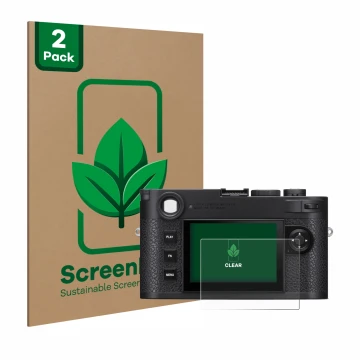 Face avant d’un emballage produit avec le logo de la marque ScreenLeaf. À côté, l’appareil Leica M11 est représenté avec la pr