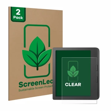 Face avant d’un emballage produit avec le logo de la marque ScreenLeaf. À côté, l’appareil Tolino Vision 6 est représenté avec