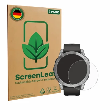 Face avant d’un emballage produit avec le logo de la marque ScreenLeaf. À côté, l’appareil Garmin Fenix 7 (47 mm) est représen