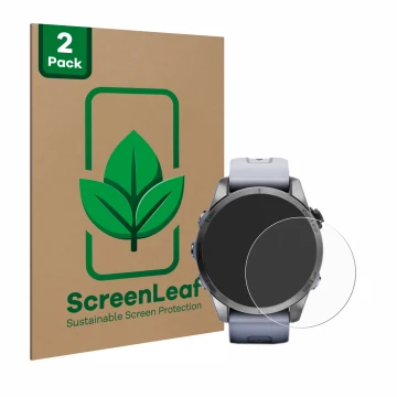 Face avant d’un emballage produit avec le logo de la marque ScreenLeaf. À côté, l’appareil Garmin Fenix 7S (42 mm) est représe