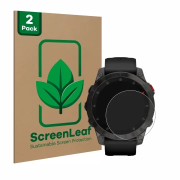 Face avant d’un emballage produit avec le logo de la marque ScreenLeaf. À côté, l’appareil Garmin epix (Gen. 2) est représenté