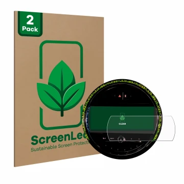 Face avant d’un emballage produit avec le logo de la marque ScreenLeaf. À côté, l’appareil Mini Cooper 2021 Infotainment Syste