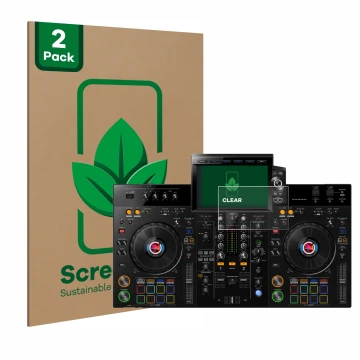 Face avant d’un emballage produit avec le logo de la marque ScreenLeaf. À côté, l’appareil Pioneer XDJ-RX3 est représenté avec