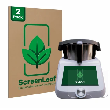 Face avant d’un emballage produit avec le logo de la marque ScreenLeaf. À côté, l’appareil SilverCrest Monsieur Cuisine Smart 