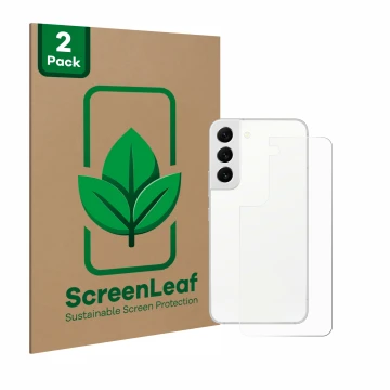 Face avant d’un emballage produit avec le logo de la marque ScreenLeaf. À côté, l’appareil Samsung Galaxy S22 5G (Arrière) est
