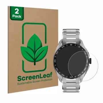Face avant d’un emballage produit avec le logo de la marque ScreenLeaf. À côté, l’appareil TAG Heuer Connected Calibre E4 (45 