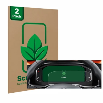 Face avant d’un emballage produit avec le logo de la marque ScreenLeaf. À côté, l’appareil Volkswagen Polo 6 Digital Cockpit P
