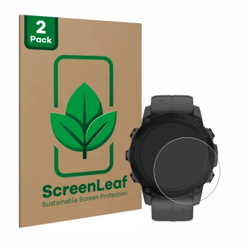 Face avant d’un emballage produit avec le logo de la marque ScreenLeaf. À côté, l’appareil Garmin Descent G1 est représenté av