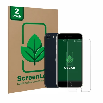 Face avant d’un emballage produit avec le logo de la marque ScreenLeaf. À côté, l’appareil Apple iPhone SE 3 2022 (Avant+Camér