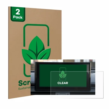 Face avant d’un emballage produit avec le logo de la marque ScreenLeaf. À côté, l’appareil Audi Q5 2021 MMI Navigation Plus 10