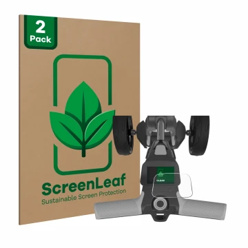 Face avant d’un emballage produit avec le logo de la marque ScreenLeaf. À côté, l’appareil PowaKaddy FX5 2.8