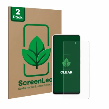 Face avant d’un emballage produit avec le logo de la marque ScreenLeaf. À côté, l’appareil Samsung Galaxy A53 5G est représent