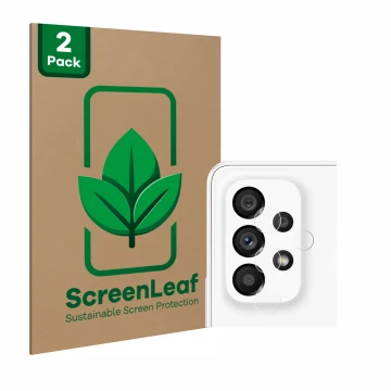 Face avant d’un emballage produit avec le logo de la marque ScreenLeaf. À côté, l’appareil Samsung Galaxy A53 5G (Caméra UNIQU