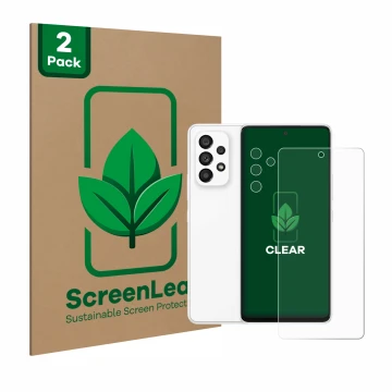 Face avant d’un emballage produit avec le logo de la marque ScreenLeaf. À côté, l’appareil Samsung Galaxy A53 5G (Avant+Caméra