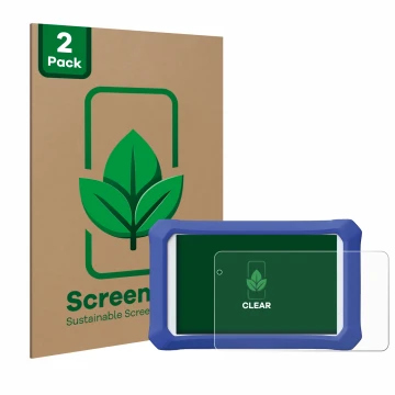 Face avant d’un emballage produit avec le logo de la marque ScreenLeaf. À côté, l’appareil Clementoni Clempad X Revolution est