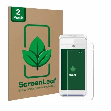 Face avant d’un emballage produit avec le logo de la marque ScreenLeaf. À côté, l’appareil Pax A920 est représenté avec la pro