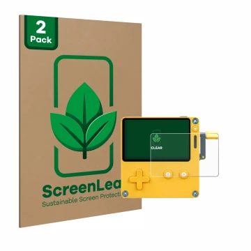 Face avant d’un emballage produit avec le logo de la marque ScreenLeaf. À côté, l’appareil Panic Playdate est représenté avec 