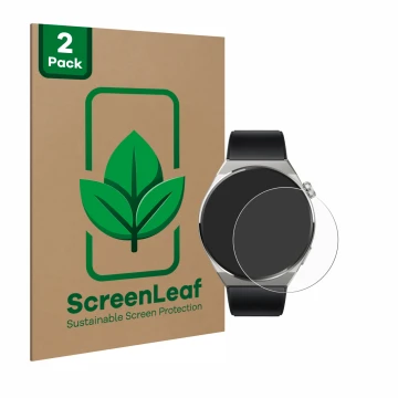 Face avant d’un emballage produit avec le logo de la marque ScreenLeaf. À côté, l’appareil Huawei Watch GT 3 Pro Titanium (46m