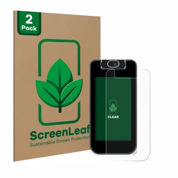 Face avant d’un emballage produit avec le logo de la marque ScreenLeaf. À côté, l’appareil Vtech KidiBuzz 3 est représenté ave
