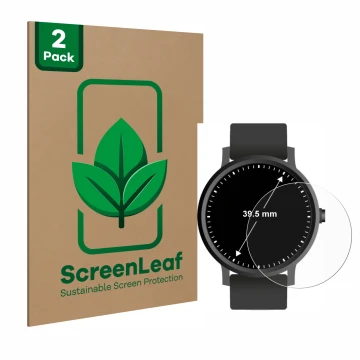 Face avant d’un emballage produit avec le logo de la marque ScreenLeaf. À côté, l’appareil Circulaire Displays (ø: 39.5 mm) es