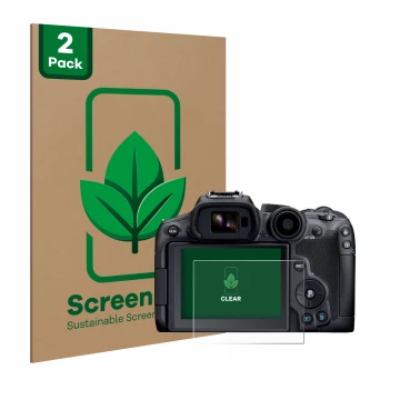 Face avant d’un emballage produit avec le logo de la marque ScreenLeaf. À côté, l’appareil Canon EOS R7 est représenté avec la