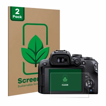 Face avant d’un emballage produit avec le logo de la marque ScreenLeaf. À côté, l’appareil Canon EOS R10 est représenté avec l