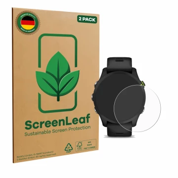 Face avant d’un emballage produit avec le logo de la marque ScreenLeaf. À côté, l’appareil Garmin Forerunner 255 est représent