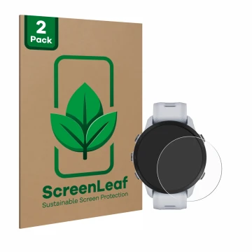 Face avant d’un emballage produit avec le logo de la marque ScreenLeaf. À côté, l’appareil Garmin Forerunner 955 Solar est rep