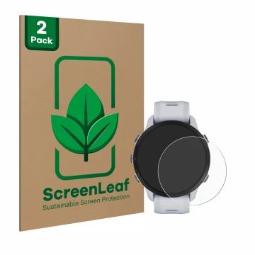 Face avant d’un emballage produit avec le logo de la marque ScreenLeaf. À côté, l’appareil Garmin Forerunner 955 est représent