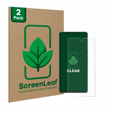 Face avant d’un emballage produit avec le logo de la marque ScreenLeaf. À côté, l’appareil Google Pixel 7 est représenté avec 